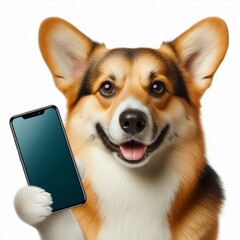 Adorable corgi showcasing a modern smartphone with a cheerful expression on white background