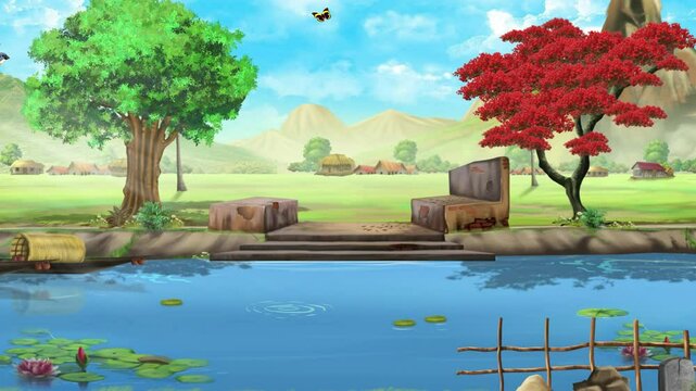 2d village background where fish are jumping on the pond and bird and butterfly fling in the sky
