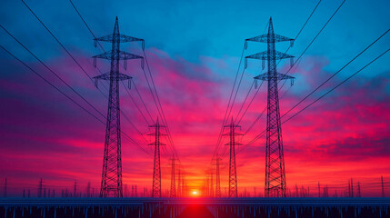 Fototapeta premium vibrant sunrise over solar farm with power lines silhouetted against colorful sky, creating stunning visual impact
