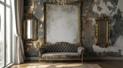 Gold-framed mirrors & sofa in opulent room