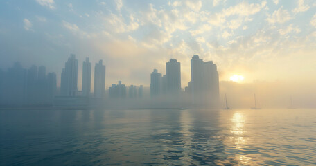 Sunrise over Busan's foggy skyline reflected in water.