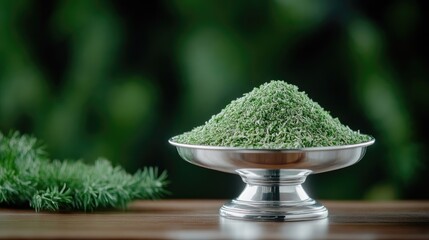 Green powder in a decorative bowl