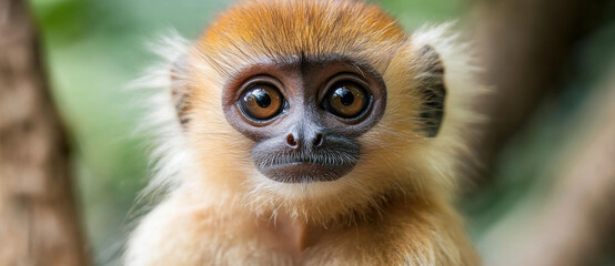 Fototapeta premium Curious monkey with large eyes, showcasing its expressive face in natural habitat. This captivating wildlife moment highlights beauty of nature