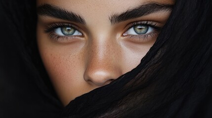 Naklejka premium Young woman with striking green eyes and freckles looks directly at the camera while partially covered by a black headscarf.