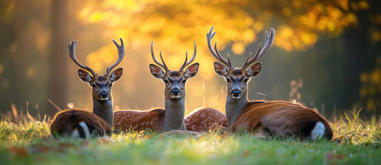 Three deer resting in sunlit meadow, surrounded by autumn foliage, create serene and peaceful atmosphere. Their antlers and spotted coats add to beauty of nature