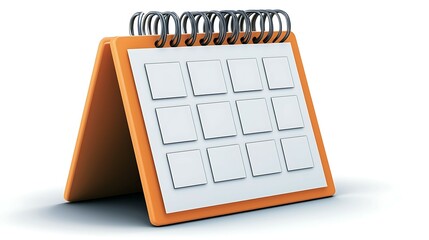 A blank spiral-bound calendar sits upright, featuring a vibrant orange cover and multiple empty date boxes for scheduling and planning.