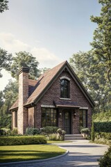 Obraz premium Discover a delightful brick cottage enveloped by vibrant green foliage, nestled within a tranquil forest environment, basking in the glow of daylight