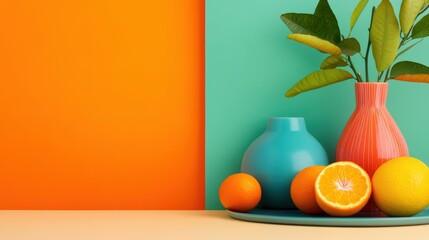 Colorful Vases And Citrus Fruits On A Platter, Bold Art