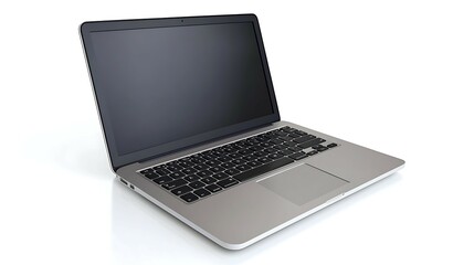 A sleek, modern laptop with an open design and a blank screen, set against a clean, white background.