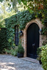 Naklejka premium Charming brick house entrance surrounded by lush greenery and ivy with a cobblestone pathway leading to the elegant black door in the daylight