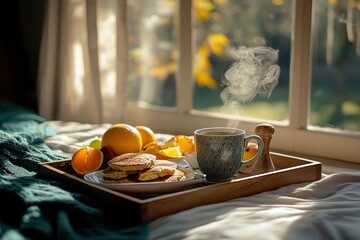 Cozy breakfast scene featuring pancakes, fresh fruits, and steaming coffee on a wooden tray by a sunny window