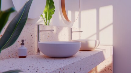 Modern bathroom featuring dual white round sinks on terrazzo countertops. Metal faucets, circular mirrors, and green plants bathed in warm sunlight, merging contemporary design with natural light aest