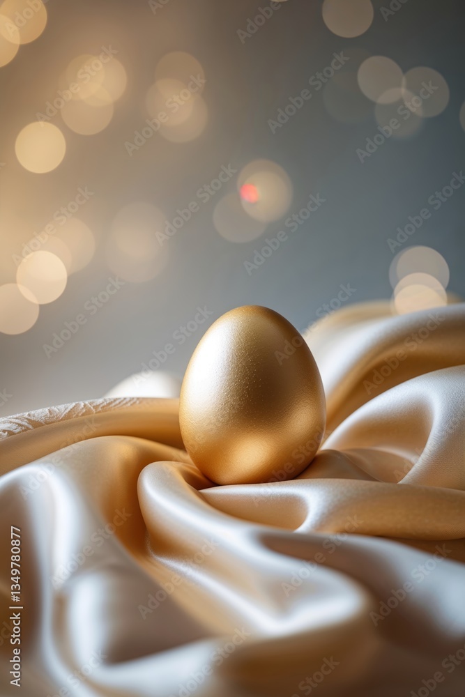 Aufkleber golden egg resting on luxurious silk fabric adorned with soft bokeh lights in the background during 