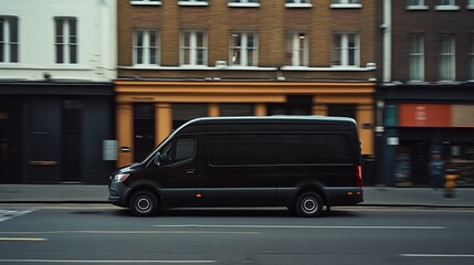 Black van delivery city street motion blur