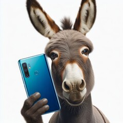 Whimsical donkey portrait showcasing mobile technology on a white background