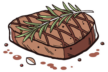 33 Juicy grilled steak, perfectly seared beef, rosemary garnish, char marks, succulent meat, high-resolution food photography, glistening surface, rich brown color, tender texture, mouthwatering, culi