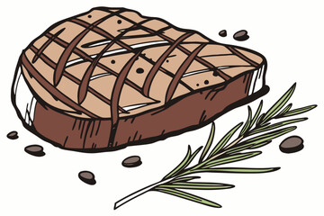 33 Juicy grilled steak, perfectly seared beef, rosemary garnish, char marks, succulent meat, high-resolution food photography, glistening surface, rich brown color, tender texture, mouthwatering, culi