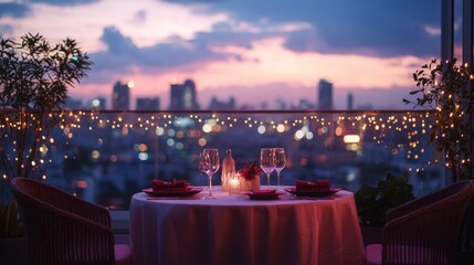 Naklejka premium Romantic Dining Table with City View at Sunset and Warm Lights