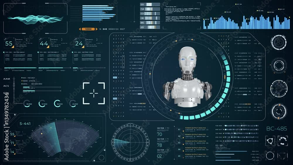 Poster motion graphic of blue digital robot head with head up display (hud ui) and futuristic technology ab