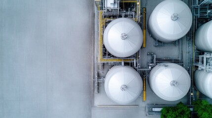 Aerial view of industrial storage tanks.  Multiple large, light gray storage tanks arranged in a factory setting.  Pipelines and connecting structures are visible