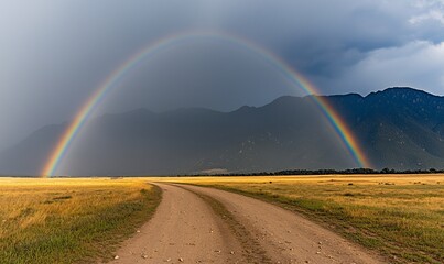 Rainbow arching over a rural dirt road