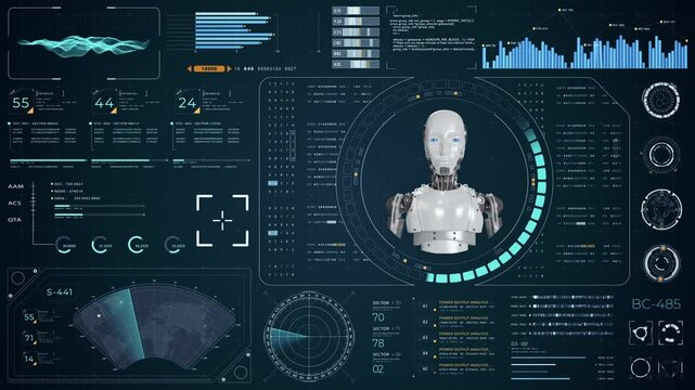 Motion graphic of Blue digital robot head with head up display (HUD UI) and futuristic technology abstract background artificial intelligence and assistant machine learning concepts