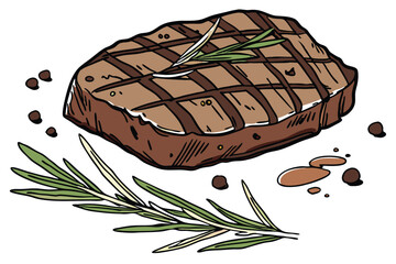 33 Juicy grilled steak, perfectly seared beef, rosemary garnish, char marks, succulent meat, high-resolution food photography, glistening surface, rich brown color, tender texture, mouthwatering, culi