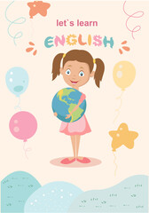 An English language book with a drawing of a girl with a globe