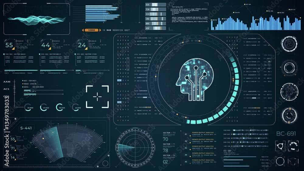 Poster motion graphic of blue digital robot head with head up display (hud ui) and futuristic technology ab