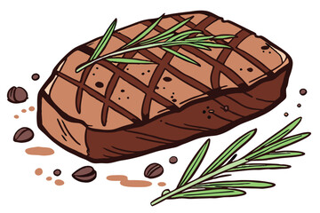 33 Juicy grilled steak, perfectly seared beef, rosemary garnish, char marks, succulent meat, high-resolution food photography, glistening surface, rich brown color, tender texture, mouthwatering, culi