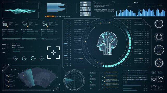 Motion graphic of Blue digital robot head with head up display (HUD UI) and futuristic technology abstract background artificial intelligence and assistant machine learning concepts
