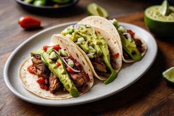 Tender grilled meat folded into tortillas with spicy guacamole creates heated taco delight. Fresh onion, juicy tomato, and tangy lime highlight lively flavors for southwestern street experience