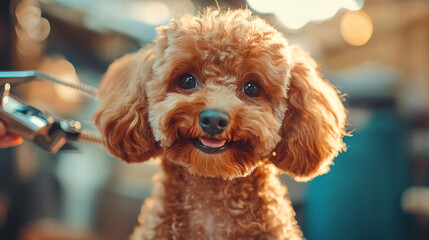 Dog being groomed by a caring groomer with clippers to maintain its fluffy coat in a bright and inviting indoor environment filled with love.