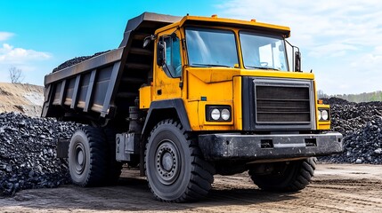Yellow Dump Truck Loaded with Coal.