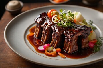 Artificial meat with rib-like shape offers juicy bite for curious palates. Glazed exterior and succulent layers underscore artificial innovation, bridging comfort and futuristic dining