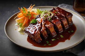 Synthetic protein styled as savory ribs entices adventurous eaters. Caramelized coating reveals tender interior, showcasing synthetic potential for guilt-free indulgence in modern cuisine