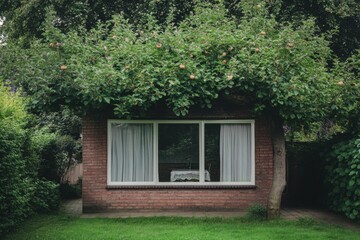 Delightful brick house nestled beneath a stunning canopy of flourishing apple trees, surrounded by a tranquil garden that comes alive in the early summer