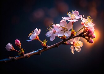 Night Cherry Blossom Branch, Clipping Path, Dark Background, Illuminated Flowers, Spring