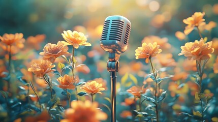 Microphone stands tall amidst vibrant flowers, echoing nature's melody in a sunlit garden