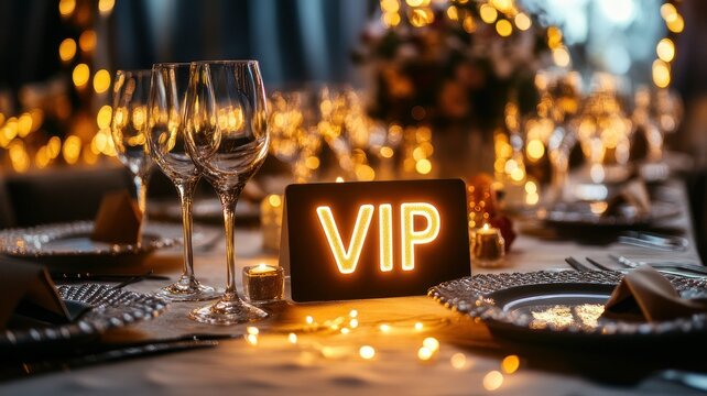 Elegant VIP Table Setting with Glowing Sign and Romantic Ambiance