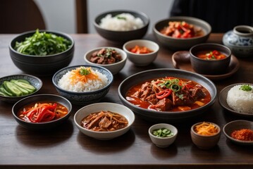 Spicy Korean stew surrounded by bowls of rice, vegetables, and banchan conveys comforting stew moment. Bright peppers and savory aroma highlight cultural tradition and communal dining
