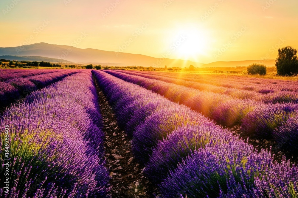 Poster sunlight casts a warm glow over endless lavender fields during sunset, creating a tranquil atmospher