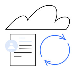 Cloud, document with user profile circle, and arrows forming a loop. Ideal for data synchronization, cloud computing, file storage, user connection, workflow automation, backup process flat simple
