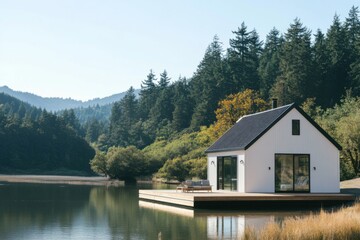 Fototapeta premium Modern cabin by tranquil lake surrounded by lush forests on a sunny day, offering a serene escape for relaxation and nature appreciation