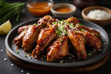 Glazed chicken wings placed on dark platter deliver sweet-savory impact through thick caramelized sauce. Sprinkling of sesame seeds and onion bits ensures lively texture in every bite
