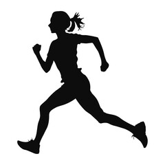 A black and white vector illustration of a woman running energetically on a white background