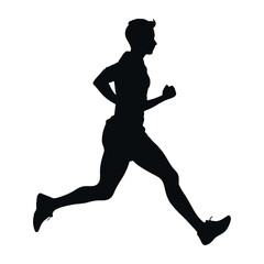 A black and white vector silhouette of a man sprinting forward with dynamic movement on a white background,