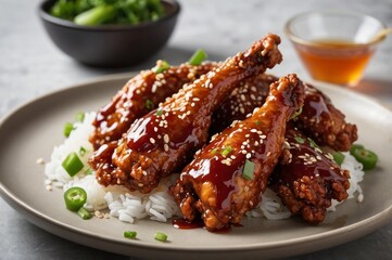 Roasted chicken wings resting atop steamed rice highlight sticky glaze perfection. Sesame seeds and chopped onion finish savory profile, enticing foodies who crave flavorful indulgence