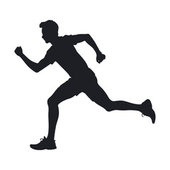 A black and white vector illustration of a man running in motion on a white background
