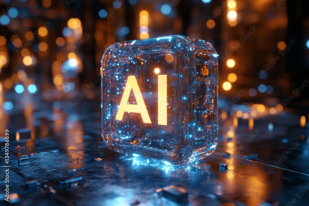 Poster a glass cube featuring illuminated ai letters stands out amidst a dynamic, tech-inspired background 